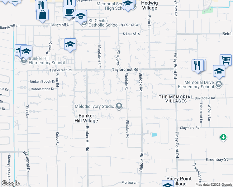 map of restaurants, bars, coffee shops, grocery stores, and more near 11715 Wendover Ln in Houston