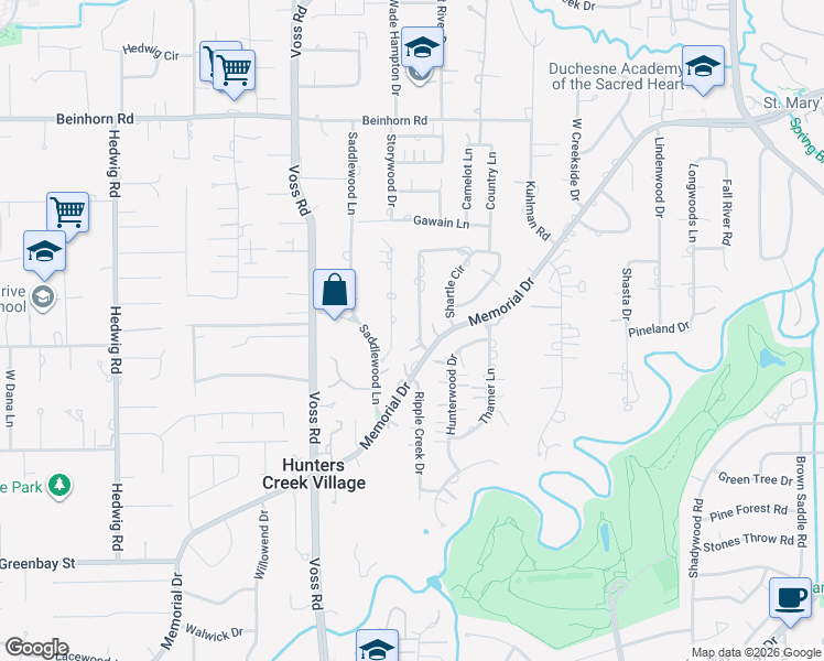 map of restaurants, bars, coffee shops, grocery stores, and more near 611 Hunters Grove Lane in Houston