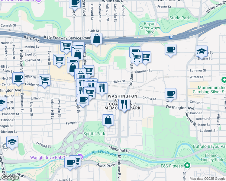 map of restaurants, bars, coffee shops, grocery stores, and more near 3200 Center Street in Houston