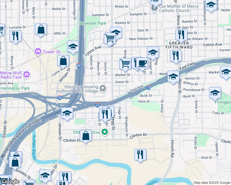 map of restaurants, bars, coffee shops, grocery stores, and more near 1014 Gregg Street in Houston