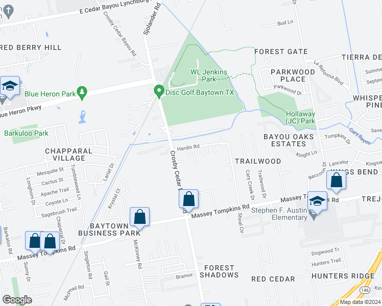 map of restaurants, bars, coffee shops, grocery stores, and more near 2512 Hardin Road in Baytown