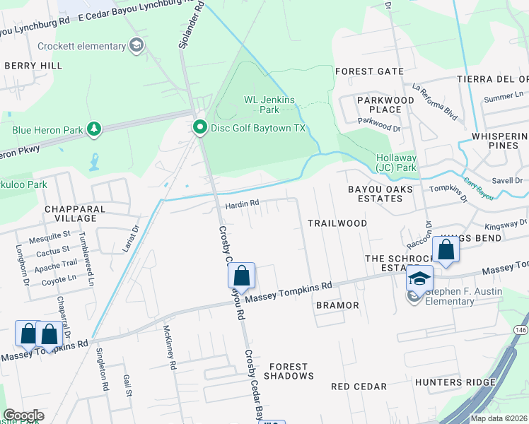 map of restaurants, bars, coffee shops, grocery stores, and more near 2518 Hardin Road in Baytown