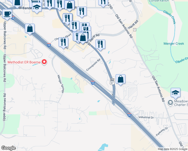 map of restaurants, bars, coffee shops, grocery stores, and more near 125 Crosspoint in Boerne