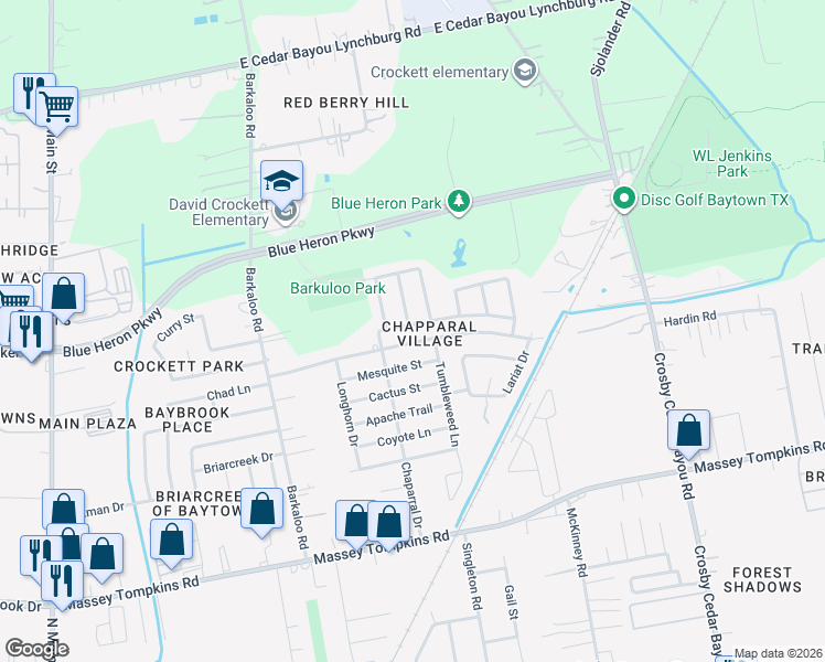 map of restaurants, bars, coffee shops, grocery stores, and more near 1401 Packsaddle Lane in Baytown