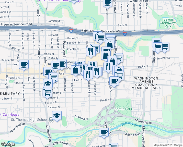 map of restaurants, bars, coffee shops, grocery stores, and more near 4040 Washington Avenue in Houston