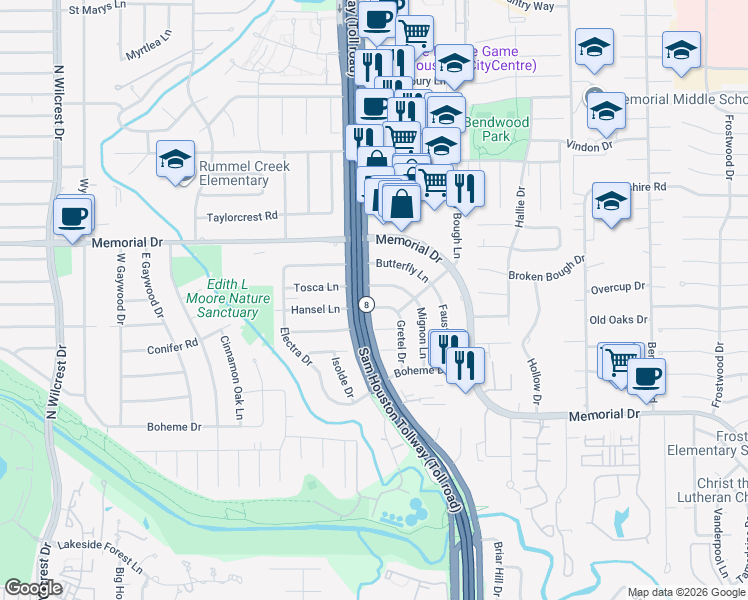 map of restaurants, bars, coffee shops, grocery stores, and more near 12818 Hansel Lane in Houston