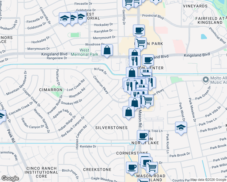map of restaurants, bars, coffee shops, grocery stores, and more near 735 Red Rock Canyon Drive in Katy