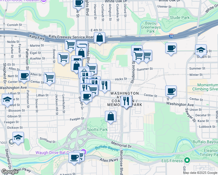 map of restaurants, bars, coffee shops, grocery stores, and more near 1108 Lakin Street in Houston