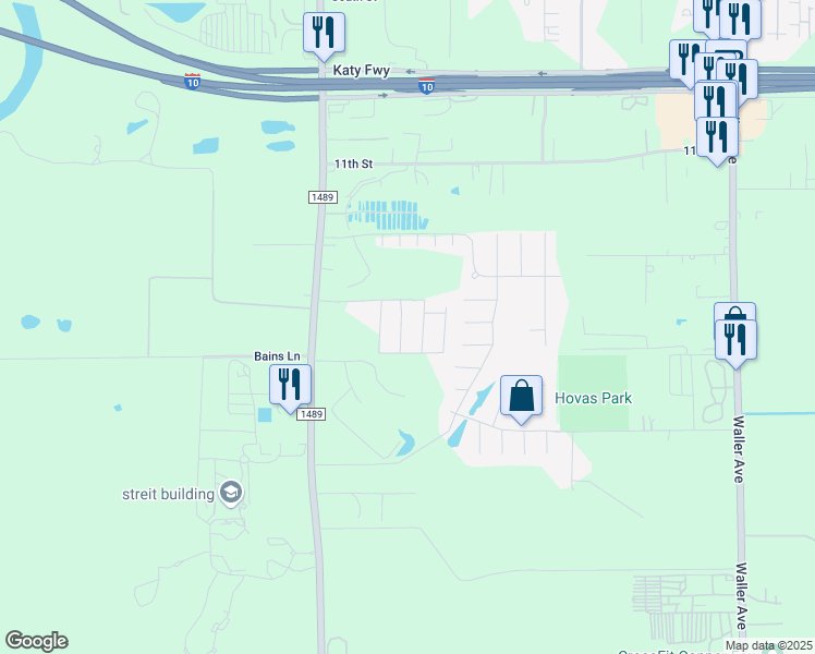 map of restaurants, bars, coffee shops, grocery stores, and more near 1011 Farm to Market 1489 in Brookshire