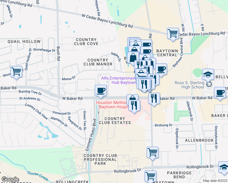 map of restaurants, bars, coffee shops, grocery stores, and more near 2000 West Baker Road in Baytown