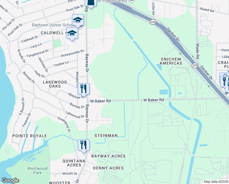 map of restaurants, bars, coffee shops, grocery stores, and more near 5800 West Baker Road in Baytown