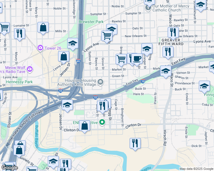 map of restaurants, bars, coffee shops, grocery stores, and more near 1014 Gregg Street in Houston