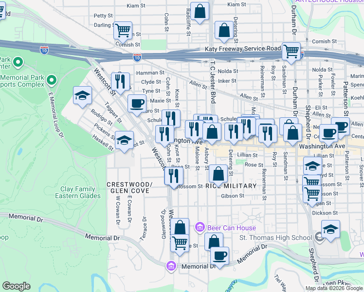 map of restaurants, bars, coffee shops, grocery stores, and more near 926 Knox Street in Houston