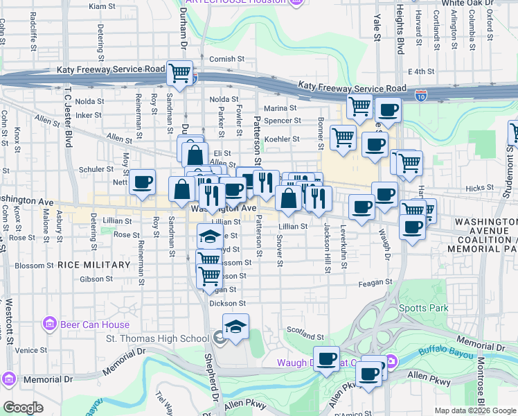 map of restaurants, bars, coffee shops, grocery stores, and more near Washington Ave & Patterson St in Houston