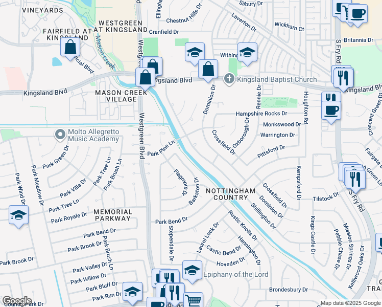 map of restaurants, bars, coffee shops, grocery stores, and more near 1026 Shillington Dr in Katy