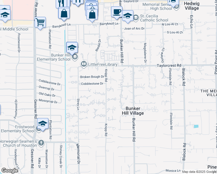 map of restaurants, bars, coffee shops, grocery stores, and more near 11834 Red Coat Lane in Houston