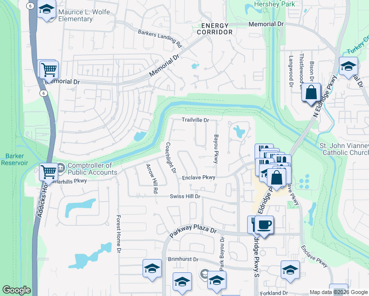 map of restaurants, bars, coffee shops, grocery stores, and more near 1019 Trapper Hill Drive in Houston