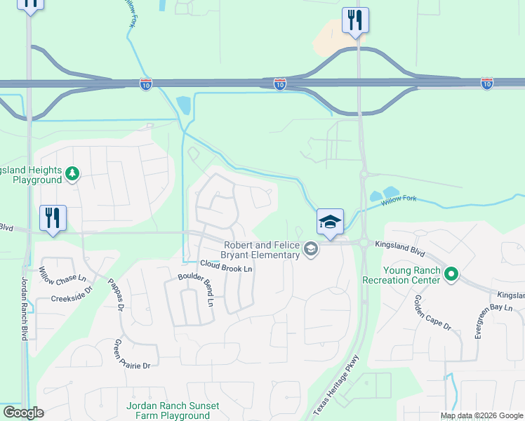 map of restaurants, bars, coffee shops, grocery stores, and more near 10101 Sweet Willow Lane in Brookshire