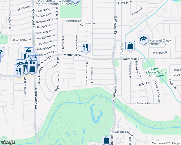 map of restaurants, bars, coffee shops, grocery stores, and more near 419 Glenchester Street in Houston