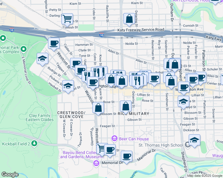 map of restaurants, bars, coffee shops, grocery stores, and more near 5701 Washington Avenue in Houston