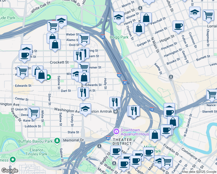 map of restaurants, bars, coffee shops, grocery stores, and more near 1115 Edwards Street in Houston