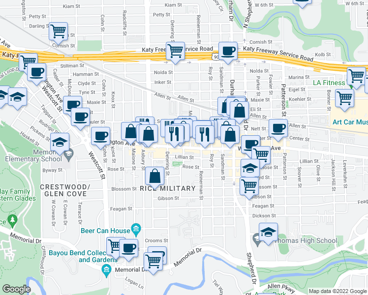 map of restaurants, bars, coffee shops, grocery stores, and more near Washington Ave & Lester St in Houston