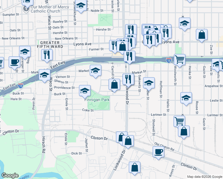 map of restaurants, bars, coffee shops, grocery stores, and more near 5319 Margarita Street in Houston