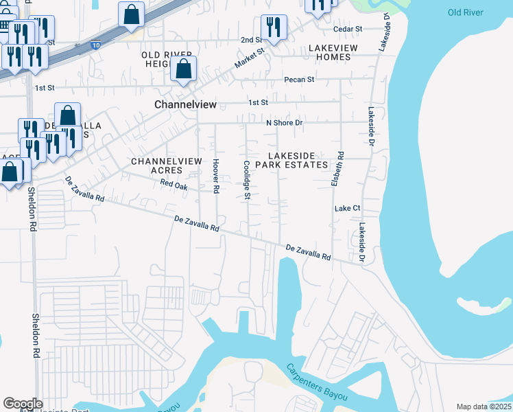 map of restaurants, bars, coffee shops, grocery stores, and more near 831 Coolidge Street in Channelview