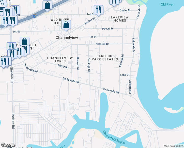 map of restaurants, bars, coffee shops, grocery stores, and more near 831 Coolidge Street in Channelview