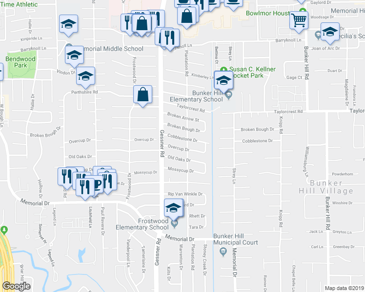 map of restaurants, bars, coffee shops, grocery stores, and more near 12206 Overcup Drive in Houston