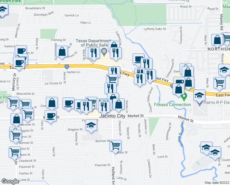 map of restaurants, bars, coffee shops, grocery stores, and more near 11105 Muscatine Street in Houston
