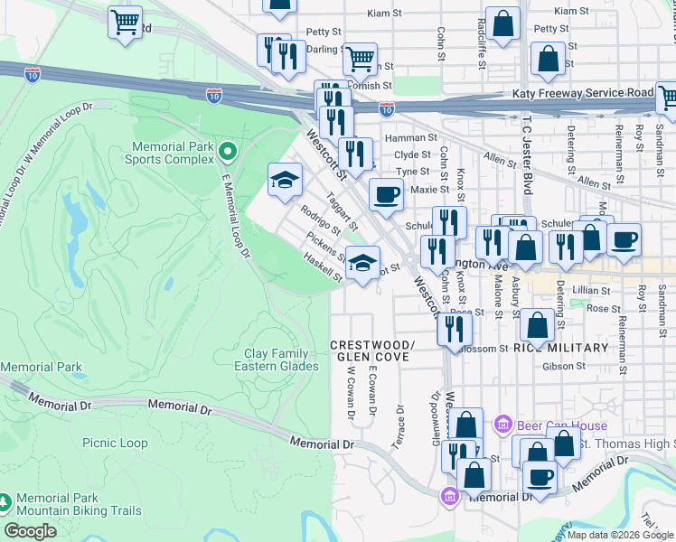 map of restaurants, bars, coffee shops, grocery stores, and more near 6308 Haskell St in Houston