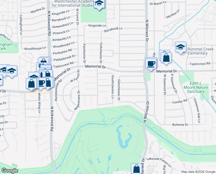 map of restaurants, bars, coffee shops, grocery stores, and more near 13611 Alchester Lane in Houston