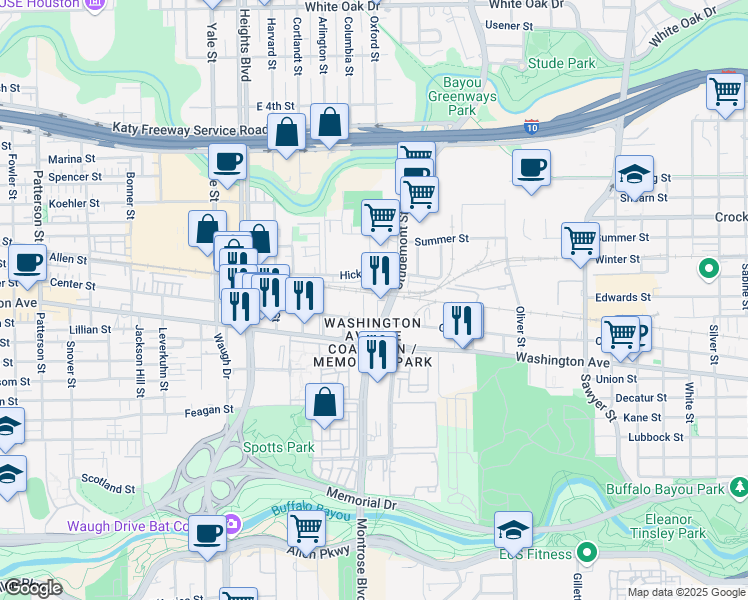 map of restaurants, bars, coffee shops, grocery stores, and more near 3200 Center Street in Houston
