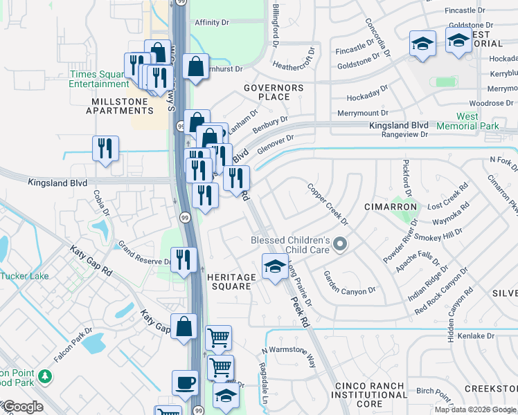 map of restaurants, bars, coffee shops, grocery stores, and more near 731 Long Prairie Drive in Katy