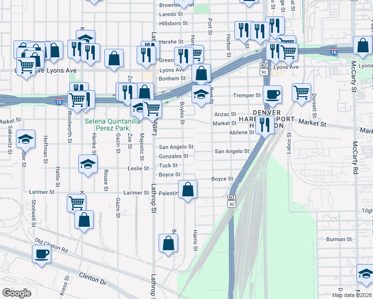 map of restaurants, bars, coffee shops, grocery stores, and more near 7120 San Angelo Street in Houston