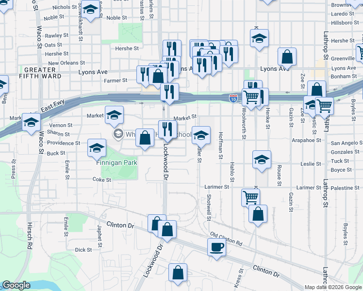map of restaurants, bars, coffee shops, grocery stores, and more near 5527 Margarita Street in Houston