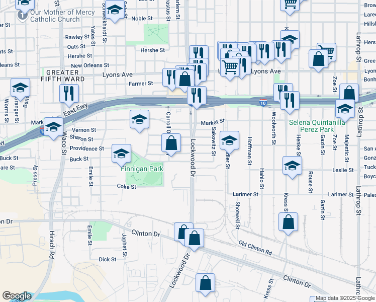map of restaurants, bars, coffee shops, grocery stores, and more near 5431 Margarita Street in Houston