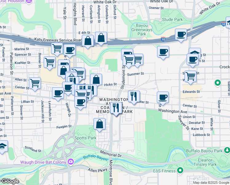 map of restaurants, bars, coffee shops, grocery stores, and more near 3200 Center Street in Houston