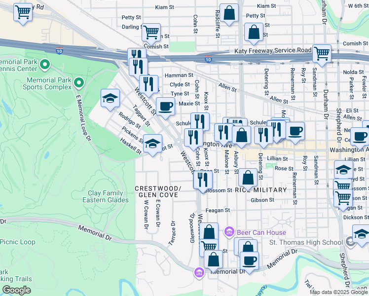 map of restaurants, bars, coffee shops, grocery stores, and more near 920 Westcott Street in Houston