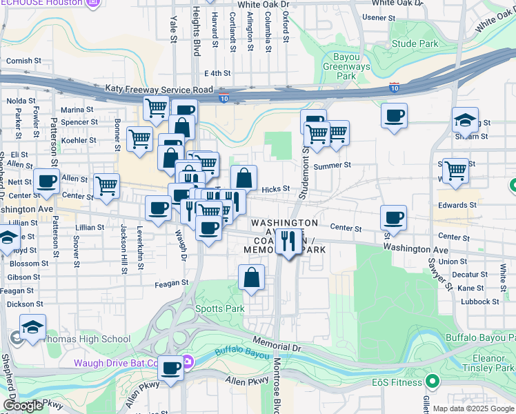 map of restaurants, bars, coffee shops, grocery stores, and more near 1108 Lakin Street in Houston