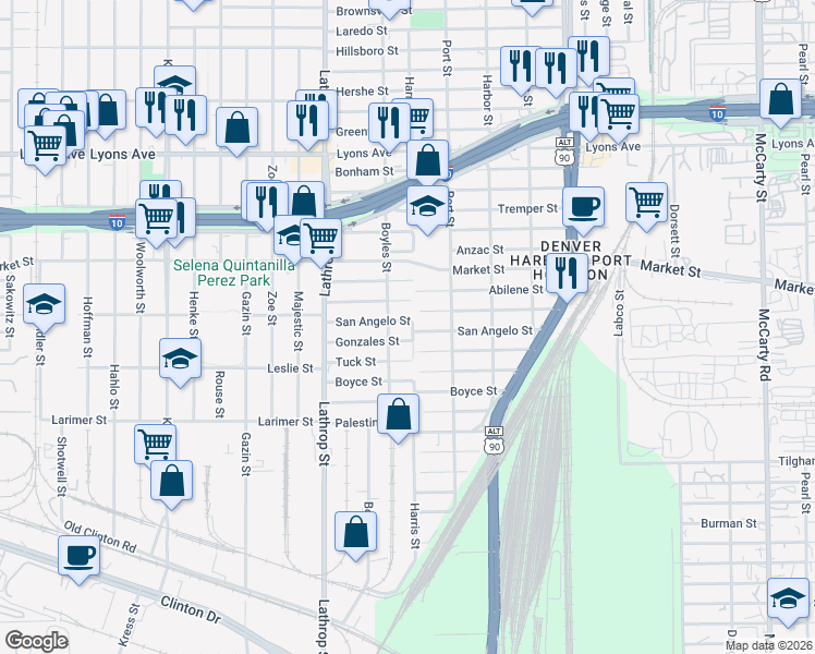 map of restaurants, bars, coffee shops, grocery stores, and more near 7120 San Angelo Street in Houston