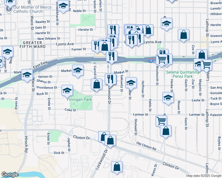 map of restaurants, bars, coffee shops, grocery stores, and more near 5527 Margarita Street in Houston