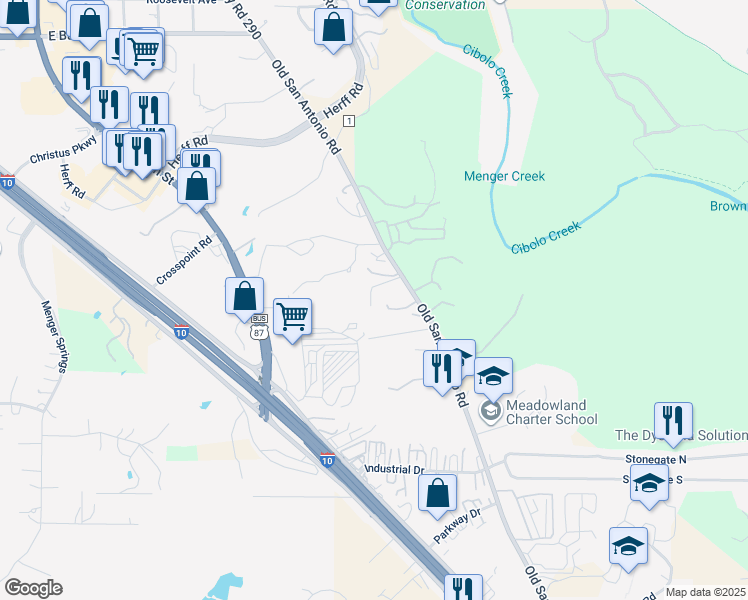 map of restaurants, bars, coffee shops, grocery stores, and more near 48 Old San Antonio Road in Boerne