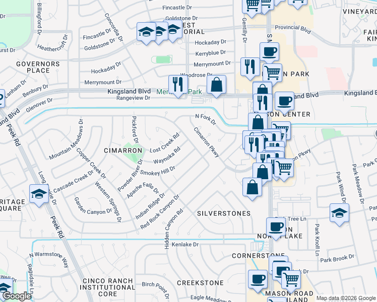 map of restaurants, bars, coffee shops, grocery stores, and more near 22310 Smokey Hill Drive in Katy