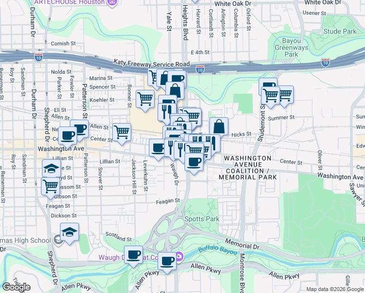 map of restaurants, bars, coffee shops, grocery stores, and more near 102 Heights Boulevard in Houston