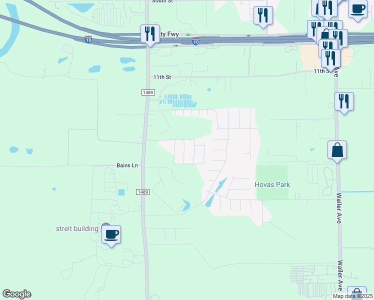 map of restaurants, bars, coffee shops, grocery stores, and more near 1011 Farm to Market 1489 in Brookshire