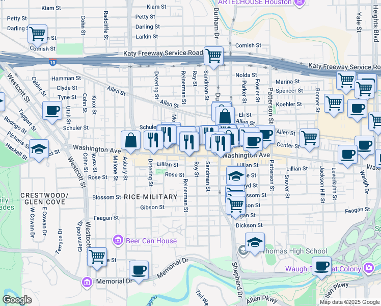 map of restaurants, bars, coffee shops, grocery stores, and more near in Houston
