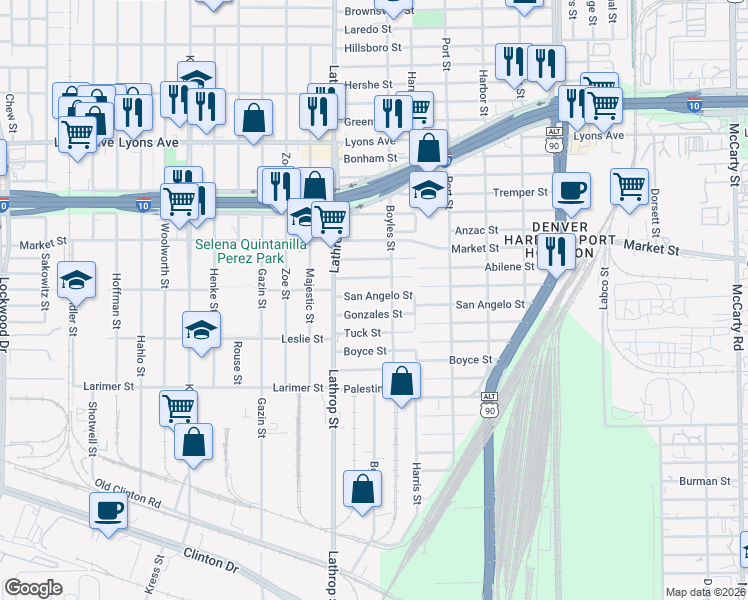 map of restaurants, bars, coffee shops, grocery stores, and more near 7012 San Angelo Street in Houston