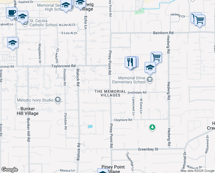 map of restaurants, bars, coffee shops, grocery stores, and more near 621 Piney Point Road in Houston